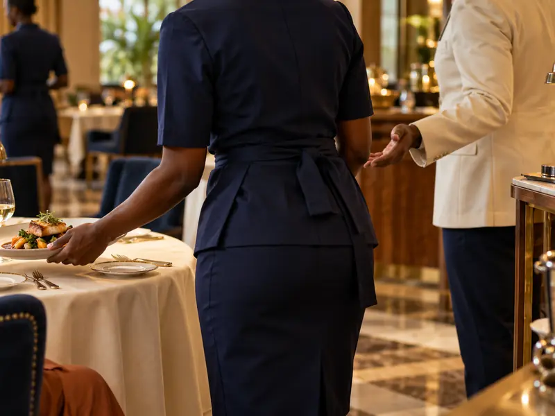 Restaurant team serving guests with a supervisor on the floor