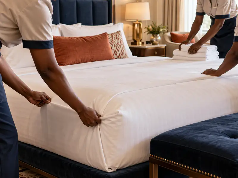 Housekeeping team making up a guest room